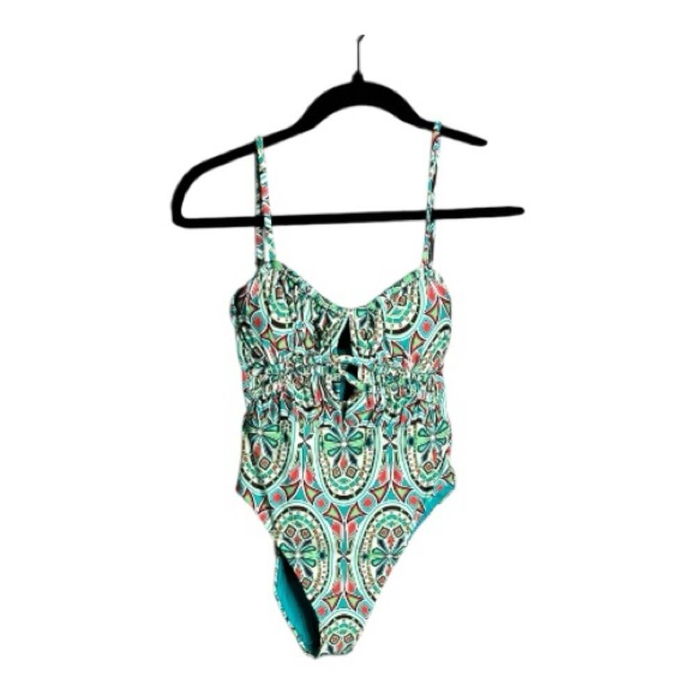 Becca Teal Red Print One Piece Swimsuit Open Back Small